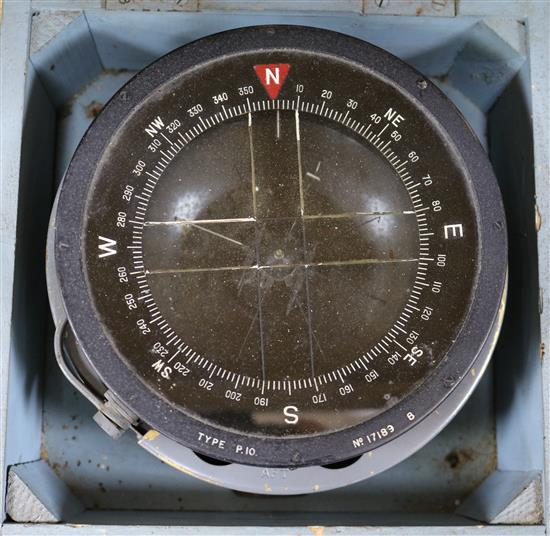 A War Department issue military compass, Type P10, No. 17183, in fitted grey-blue wooden case